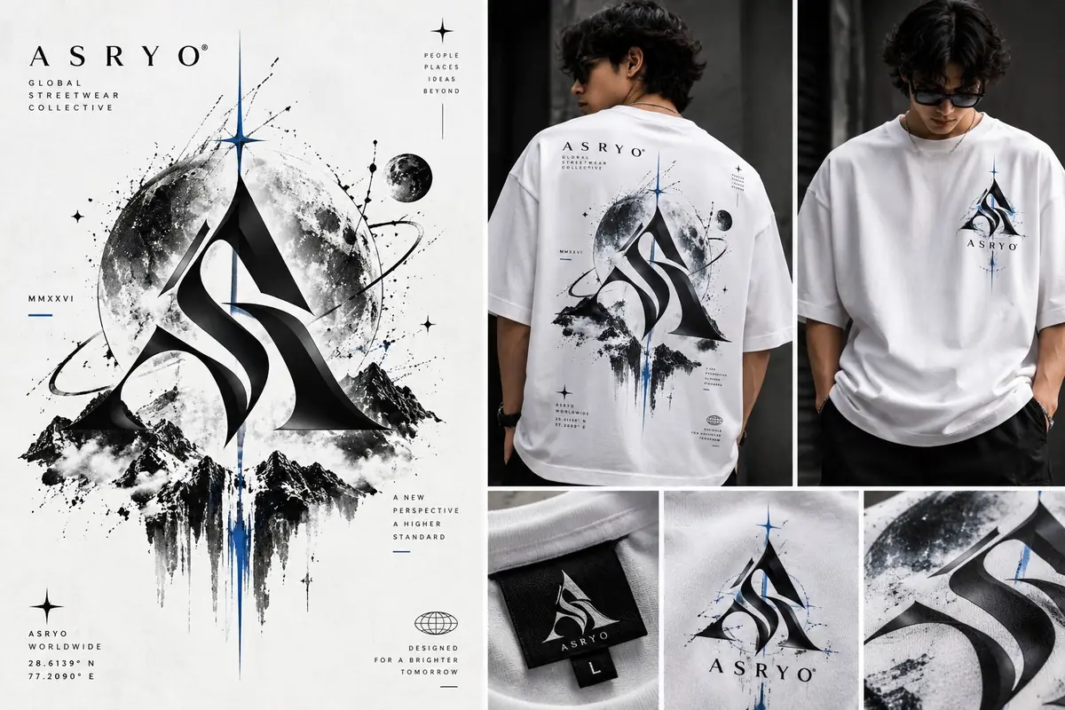 ASRYO Beyond Ordinary design board showing white oversized graphic tee front and back with lunar artwork and blue accents