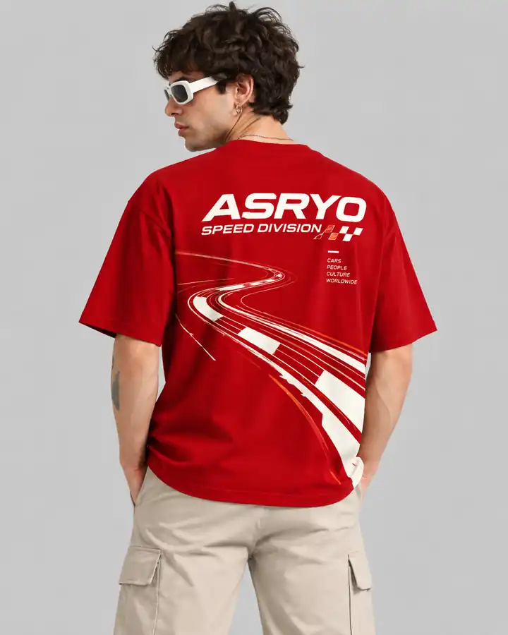 Back of red ASRYO Speed Division oversized T-shirt concept with ASRYO artwork