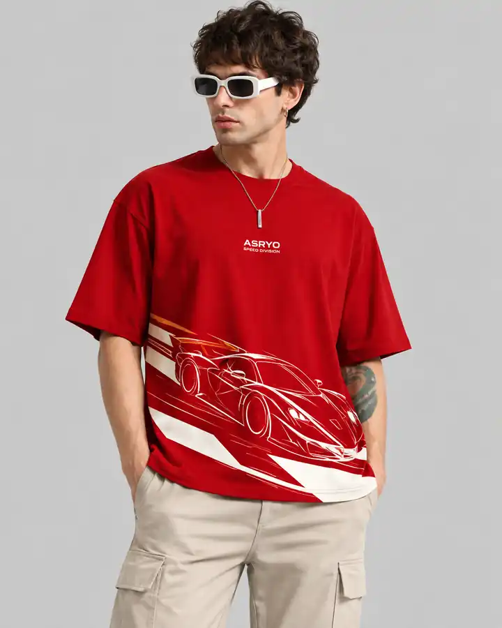 Front of red ASRYO Speed Division oversized T-shirt concept with original racing linework