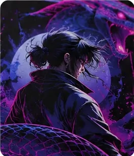 Digital close-up of purple-blue serpent and shadow warrior back artwork