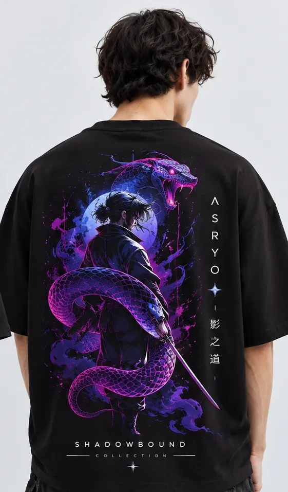 Back modeled view of black ASRYO Shadowbound T-shirt with violet serpent illustration