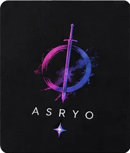 Digital detail crop of purple-blue ASRYO emblem on black fabric