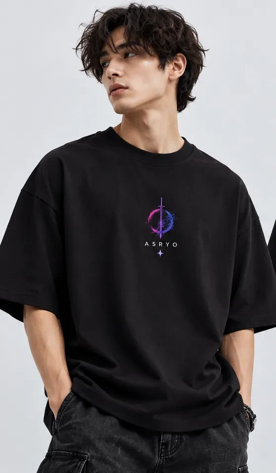 Front modeled view of black ASRYO Shadowbound oversized T-shirt, original purple-blue chest artwork
