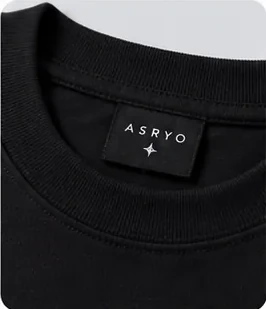 Digital close-up of rib collar and ASRYO neck-label concept, not a physical garment sample